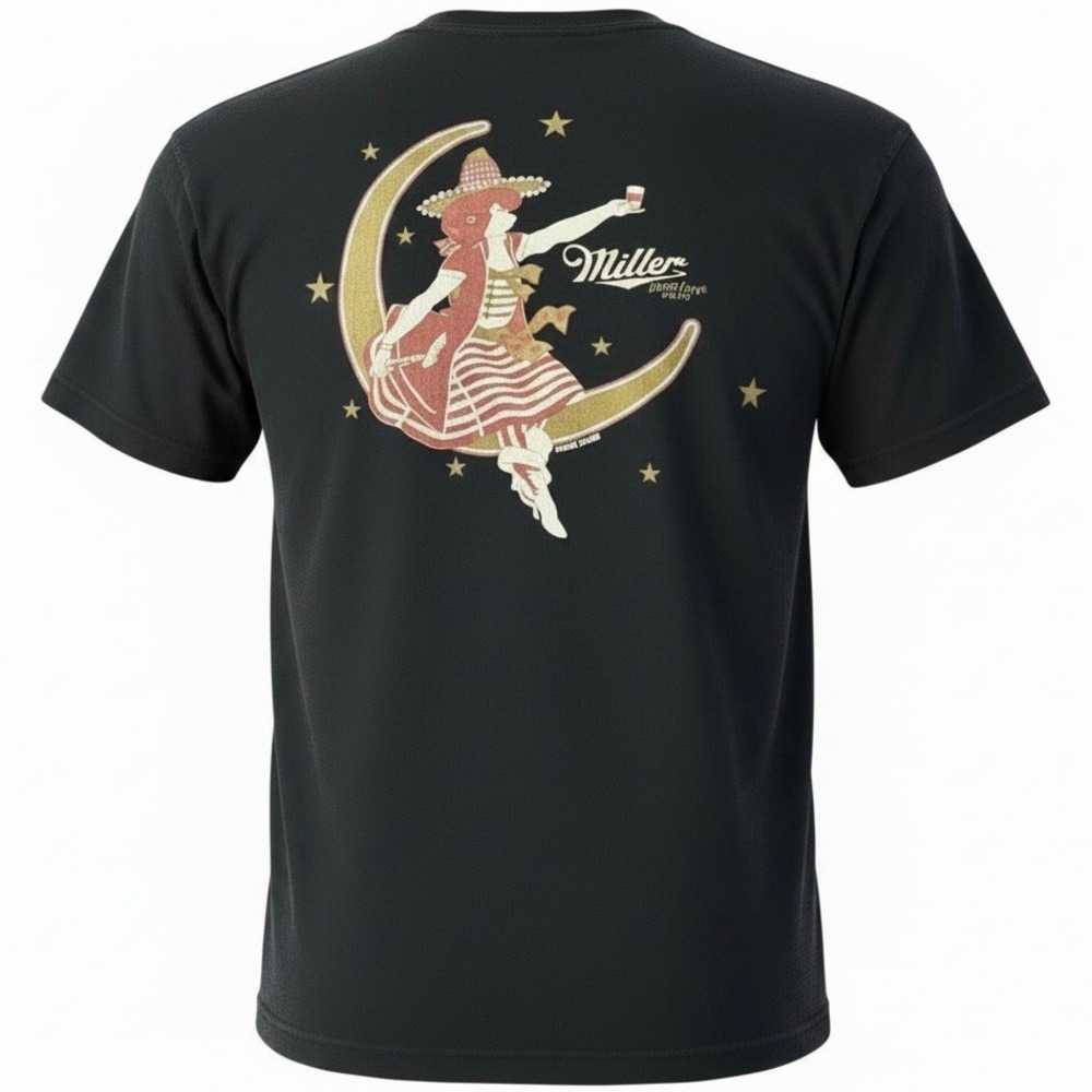 Tee Luv Miller High Life Beer Girl in the Moon Black Graphic T-Shirt Mens Size L